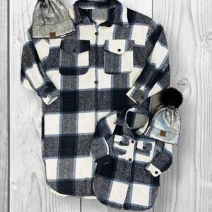 MOMMY & ME NAVY & WHITE PLAID LONG SHACKET